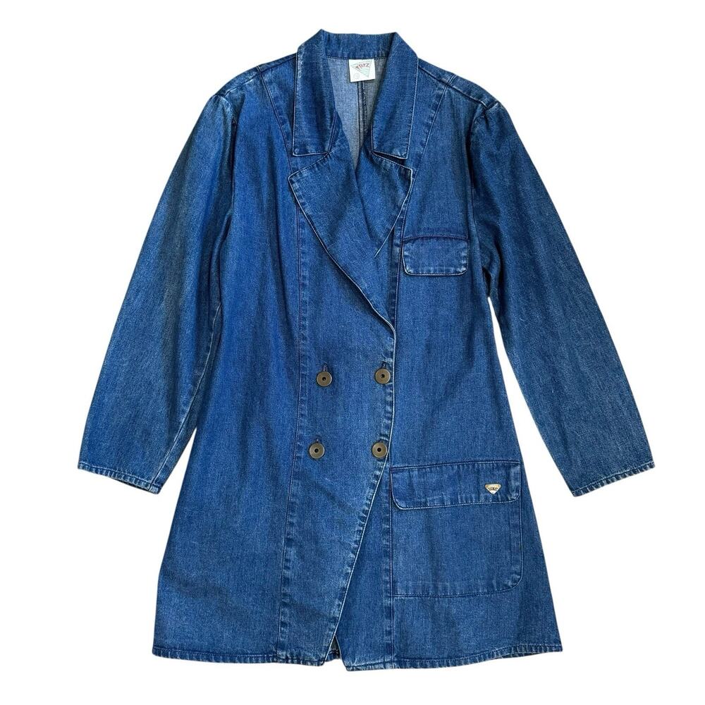 Vintage Double Breasted Denim Jean Coat Jacket Blue Size Large (G)